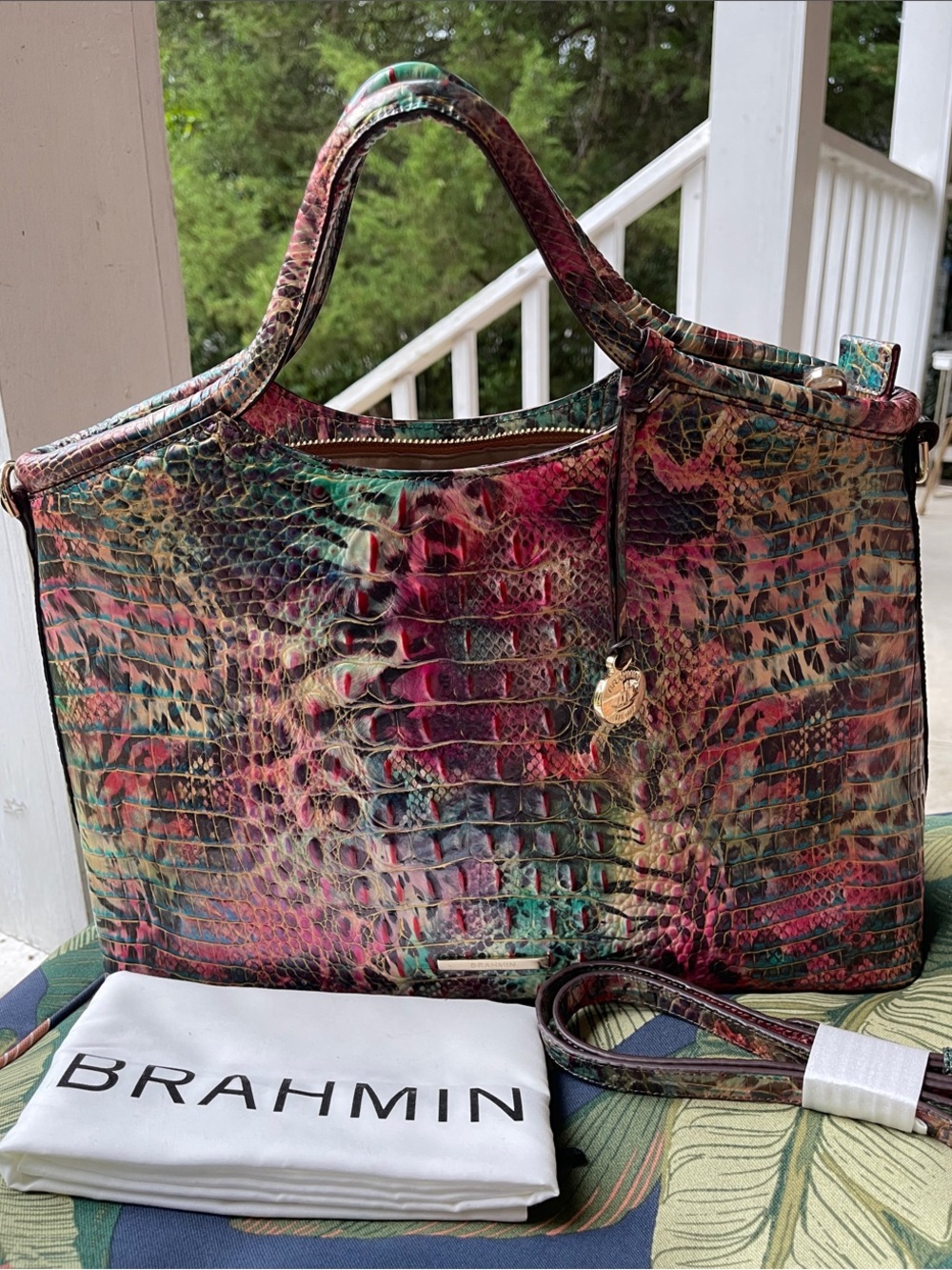Brahmin Multicolor Croc-Embossed Leather Tote in Green, Pink & Brown